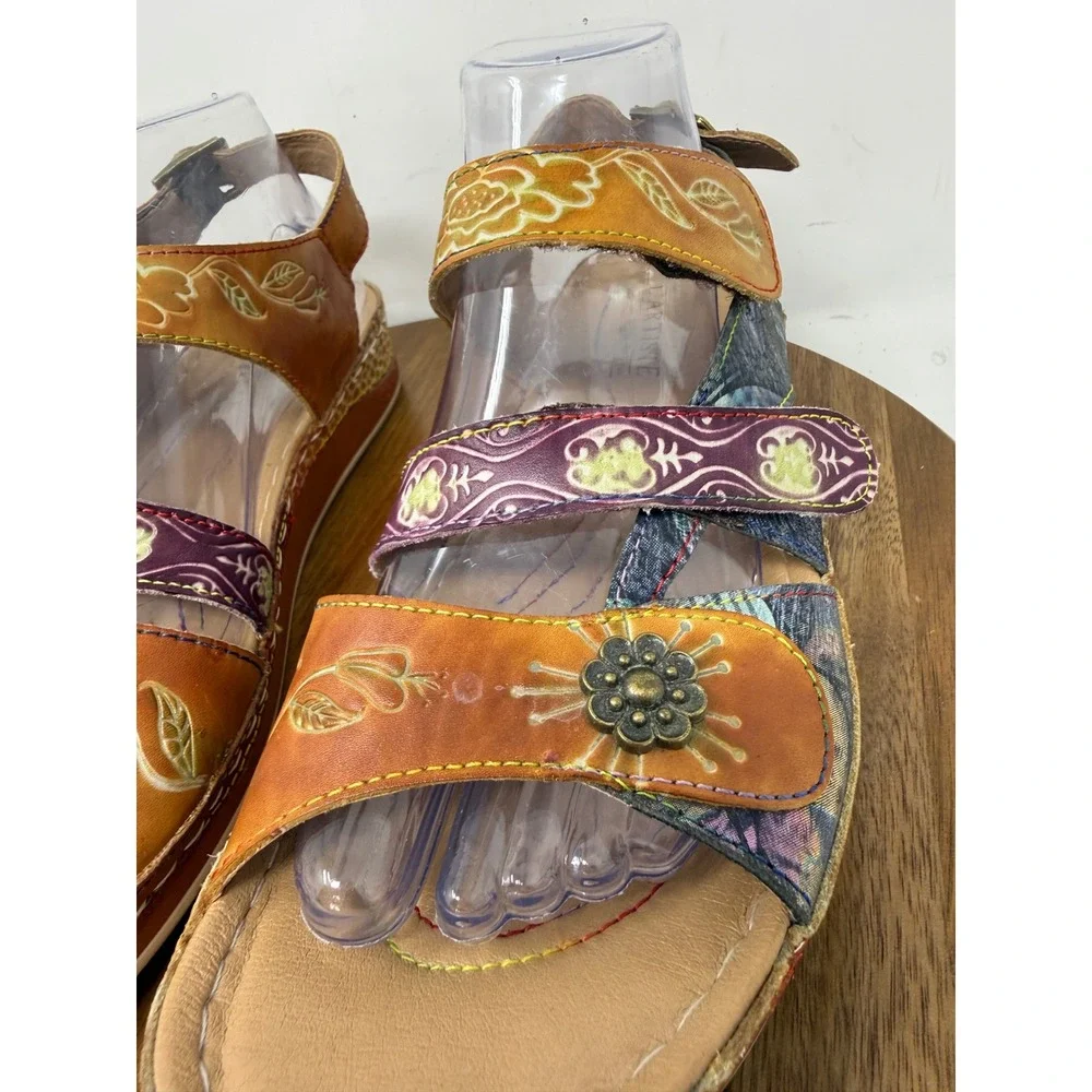 L'Artiste Spring Step Sumacah Multi Color Leather Floral Wedge Sandals Womens 42